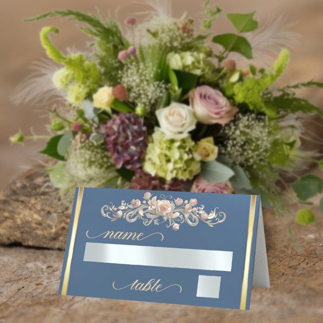 Carte De Placement Roses & Monogramme Cœur - Bleu (Créateur téléchargé)