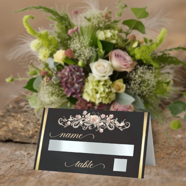 Carte De Placement Roses & Monogramme Cœur - Noir (Créateur téléchargé)
