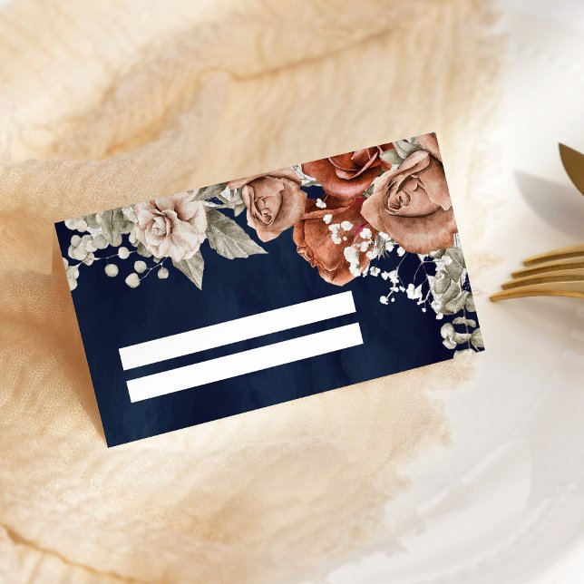 Carte De Placement Roses orange brûlé Terracotta Floral Navy Mariage (Créateur téléchargé)