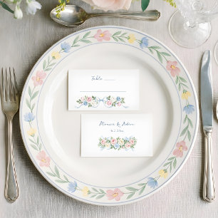 Carte De Placement Roses pastel rose, blanches et bleues & ruban