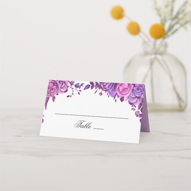 Carte De Placement Roses roses et violets. Mariage de fleurs d'aquare (Devant)