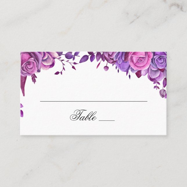 Carte De Placement Roses roses et violets. Mariage de fleurs d'aquare (Devant)