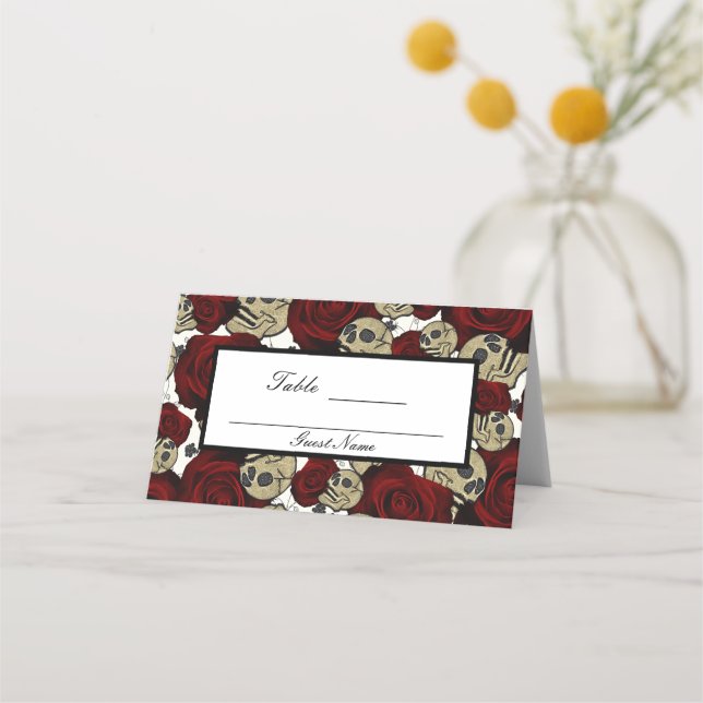 Carte De Placement Roses Rouges & Crânes Floral Noir Gothique Table B (Devant)