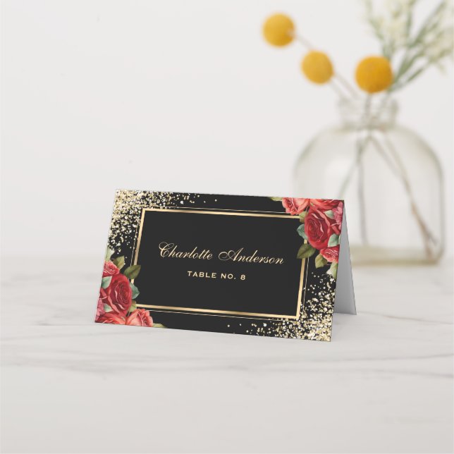 Carte De Placement Roses Rouges Or Noir Floral (Devant)