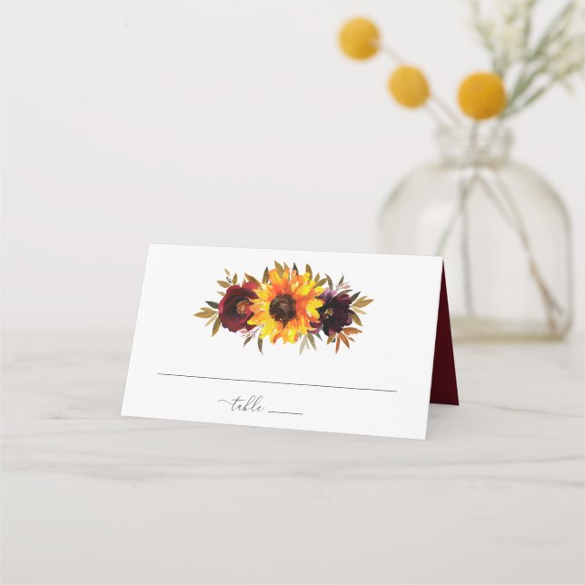 Carte De Placement Roses Tournesol Rouge Violet Rustique Mariage d'Au (Devant)