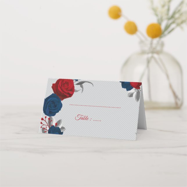 Carte De Placement rouge et bleu marine fleurs argent gris feuille (Devant)