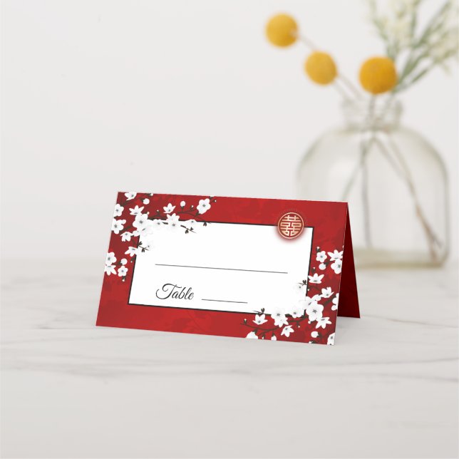 Carte De Placement Rouge Fleur de cerisier blanc | Mariage chinois (Devant)
