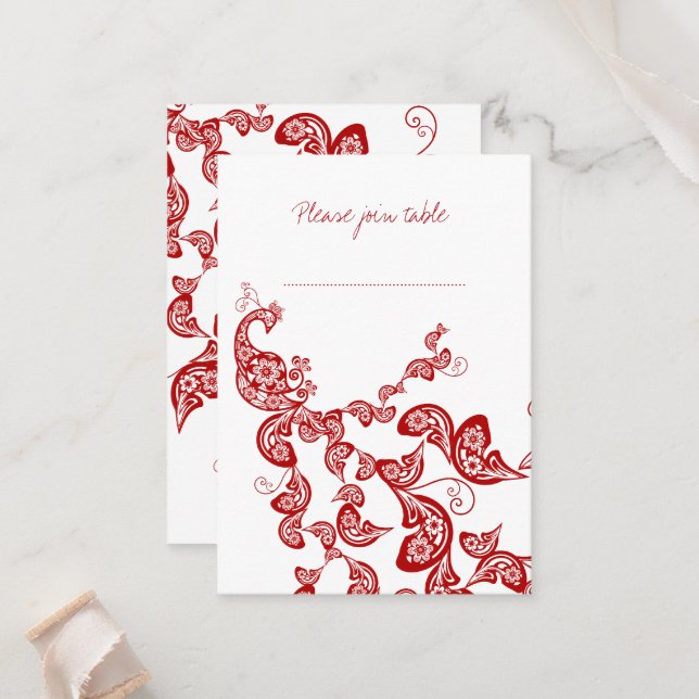 Carte De Placement Rouge Floral Boho Peacock Eastern Chic Mariage asi (Devant/Arrière en situation)