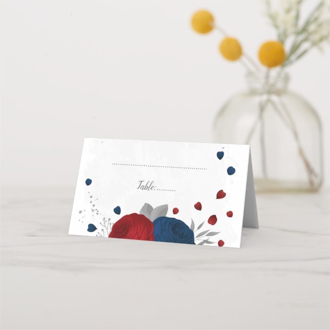 Carte De Placement rouge foncé & bleu marine fleurs argent botanique (Devant)