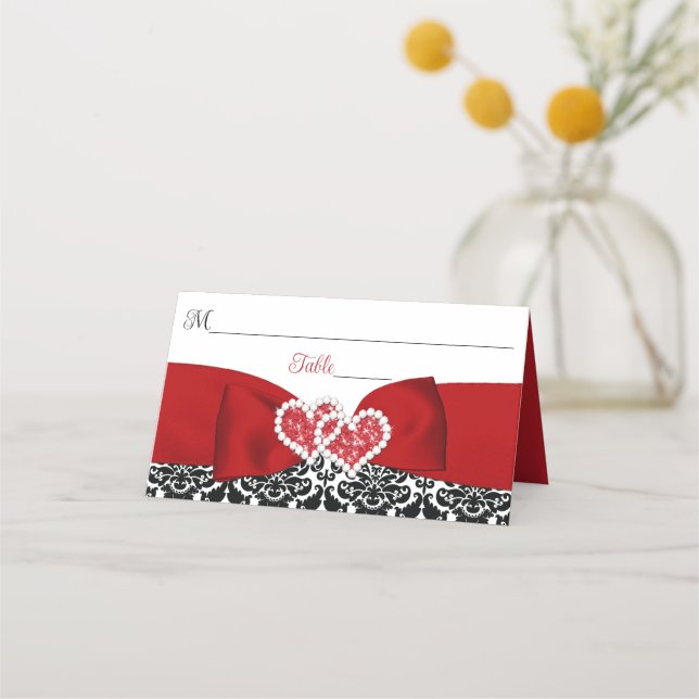 Carte De Placement Rouge, Noir, Blanc Damas Amour Coeurs Mariage (Devant)