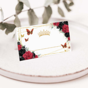 Carte De Placement Rouge noir Rose Floral Gold Butterflies Quinceañer