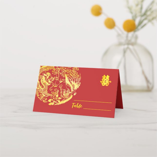 Carte De Placement Rouge or chinois Dragon et Phoenix logo mariage (Devant)
