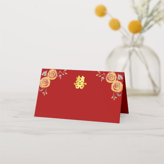 Carte De Placement Rouge orange floral chinois mariage double bonheur (Devant)