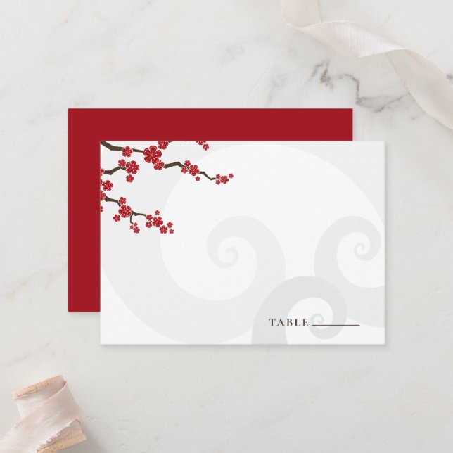 Carte De Placement Rouge Sakura Fleurs cerisiers fleurs Mariage (Devant/Arrière en situation)