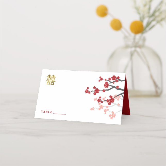 Carte De Placement Rouge Sakura Or Double Bonheur Mariage Chinois (Devant)