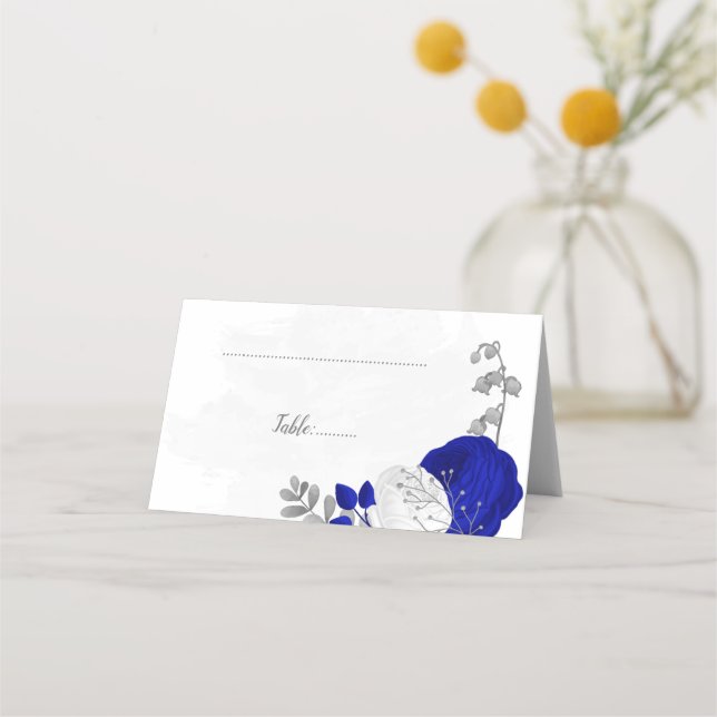 Carte De Placement royal bleu & blanc argent botanique mariage place (Devant)