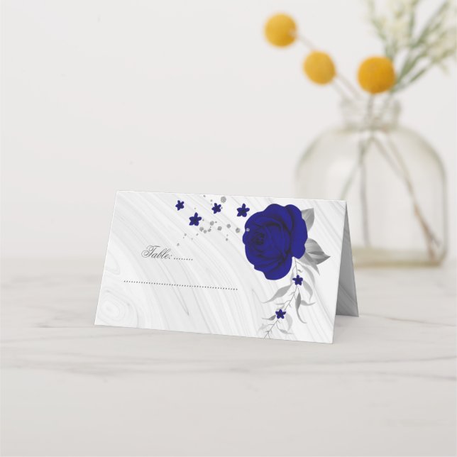 Carte De Placement royal bleu fleurs argent (Devant)