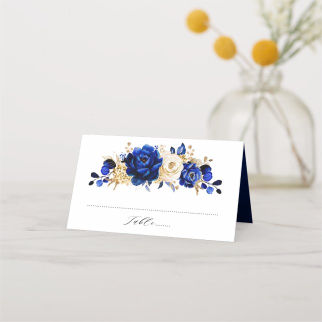 Carte De Placement Royal Bleu Jaune Or Mariage métallique Floral (Devant)