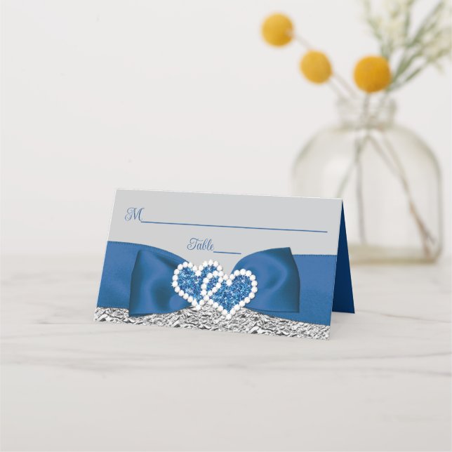 Carte De Placement Royal Blue, Argent, Grey Love Hearts Mariage (Devant)