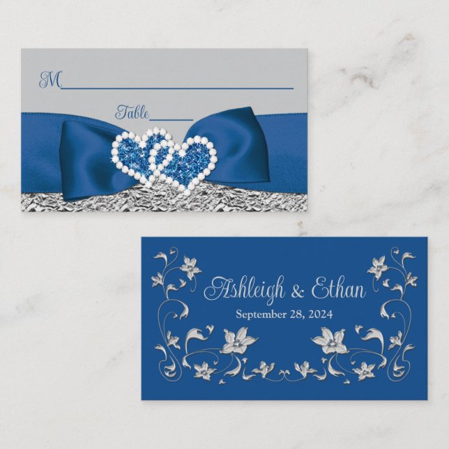 Carte De Placement Royal Blue, Argent, Grey Love Hearts Mariage (Devant / Derrière)