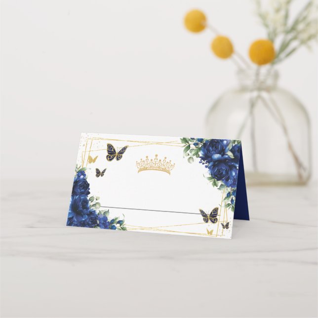 Carte De Placement Royal Blue Floral Gold Butterflies Quinceañera 15 (Devant)