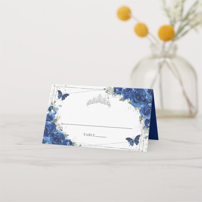 Carte De Placement Royal Blue Floral Papillons Quinceañera Anniversai (Devant)