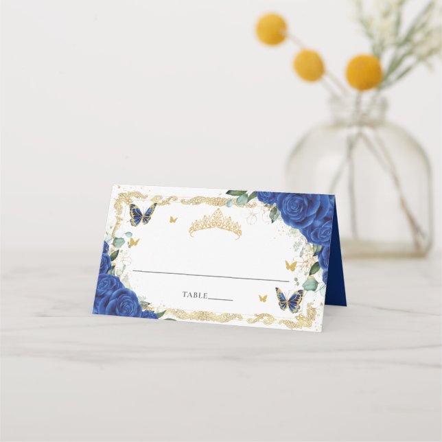 Carte De Placement Royal Blue Floral Papillons Quinceañera Sweet 16 (Devant)