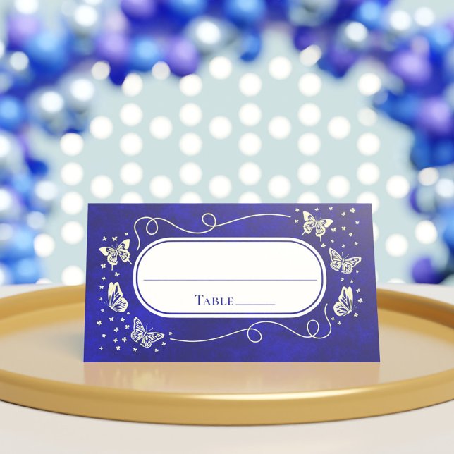 Carte De Placement Royal Blue Gold 15 Ans Quinceañera Papillon (Royal Blue Gold 15 Years Old Quinceañera Butterfly Place Card)
