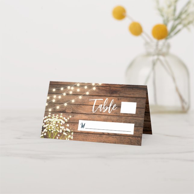 Carte De Placement Rustic Baby's Breath & String Lights Mariage en bo (Devant)