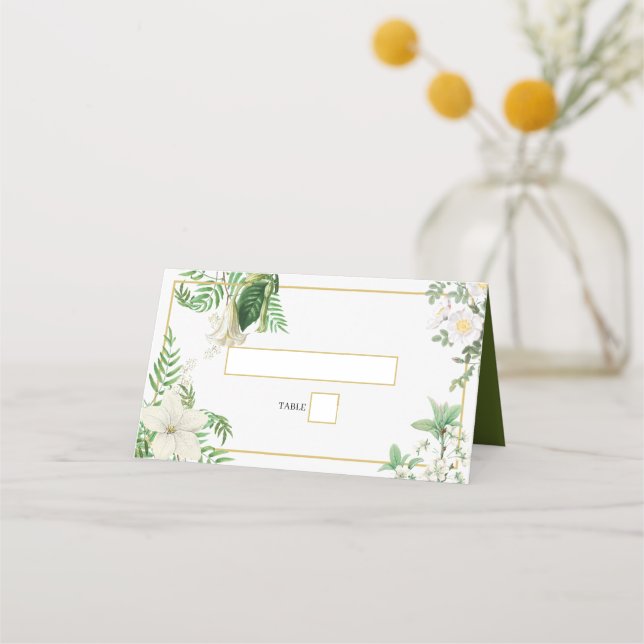 Carte De Placement Rustique blanc vert aquarelle Mariage or Floral (Devant)