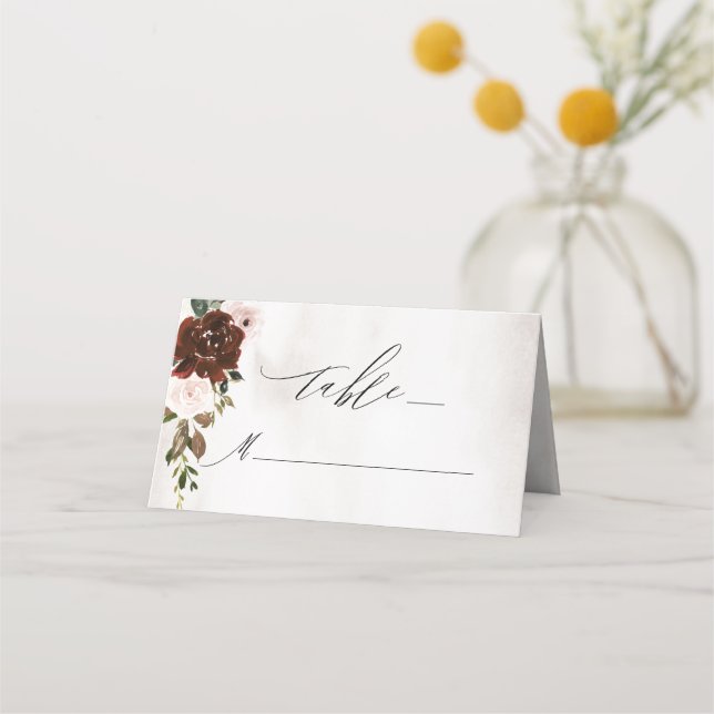 Carte De Placement Rustique Bourgogne Rose aquarelle Mariage floral (Devant)