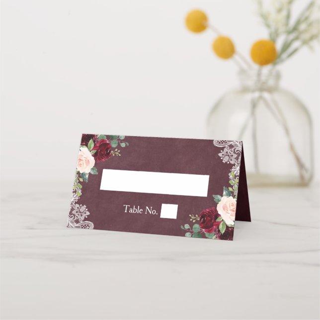 Carte De Placement Rustique Bourgogne Rouge Floral Blanc Mariage dent (Devant)