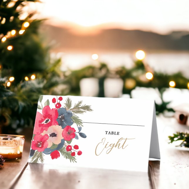 Carte De Placement Rustique Elégant hiver Floral rouge vert (Rustic Elegant Winter Floral red green Place Card)