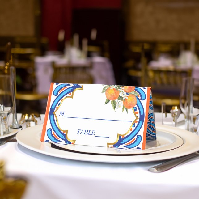 Carte De Placement Sa Squeeze principale orange blue shower de mariag (Her Main Squeeze orange blue bridal shower Place Card personalized bridal shower decor)