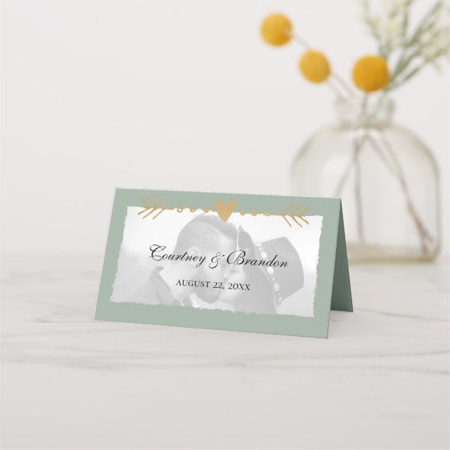 Carte De Placement Sage Green Photo moderne Gold Hearts Mariage (Devant)