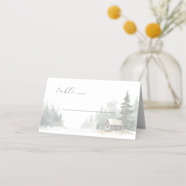 Carte De Placement Scène de cabane à l'aquarelle en hiver tranquille (Devant)