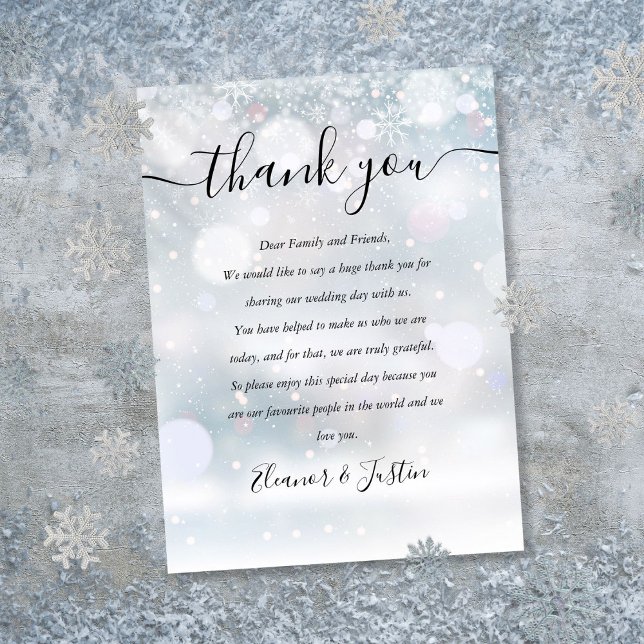 Carte De Placement Script de flocons de neige d'hiver Mariage Merci (Winter Snowflakes Script Wedding Thank You Place Card)