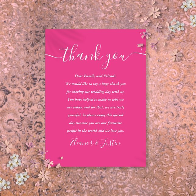 Carte De Placement Script de signature Mariage Merci Rose Chaud (Signature Script Wedding Hot Pink Thank You Place Card)