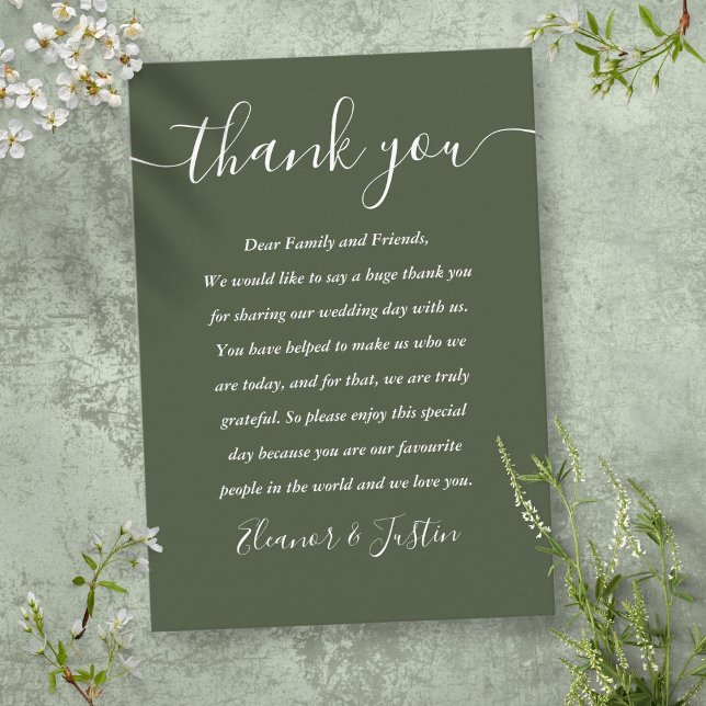 Carte De Placement Script de signature Mariage Remerciements Vert Oli (Signature Script Wedding Olive Green Thank You Place Card)