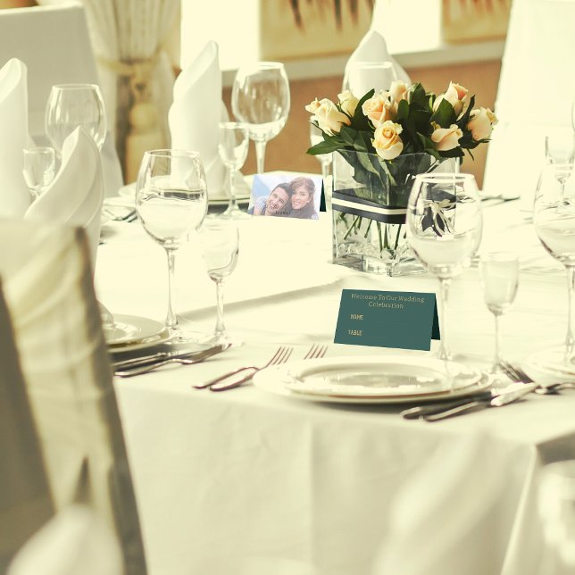 Carte De Placement Script Et Photo Or Élégants | Mariage vert (In Situ)