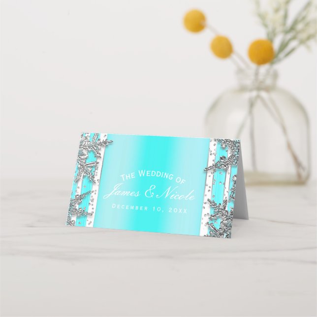 Carte De Placement Siège de fête flocons de neige d'hiver bleu aqua e (Devant)