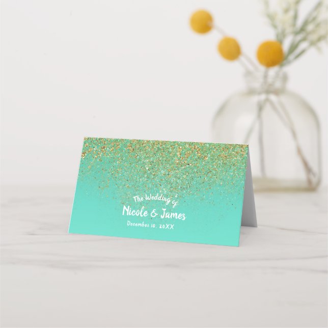 Carte De Placement Siège de table de fête sarcelle Aqua Glitter Or en (Devant)