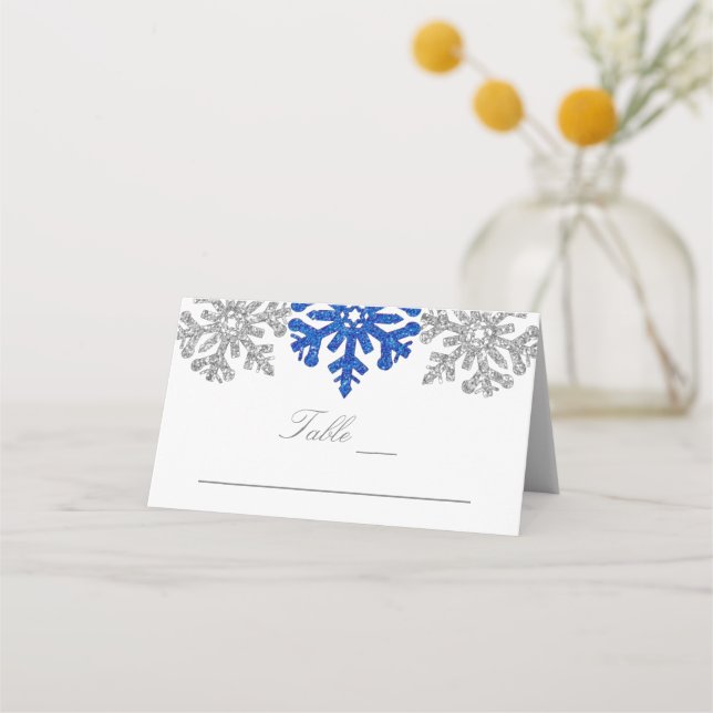 Carte De Placement Silver Blue Snowflakes Mariage d'hiver (Devant)