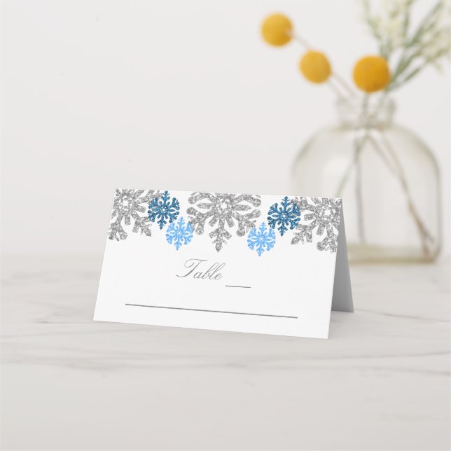 Carte De Placement Silver Blue Snowflakes Mariage d'hiver (Devant)