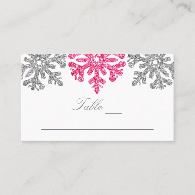 Carte De Placement Silver Pink Snowflakes Mariage d'hiver (Devant)