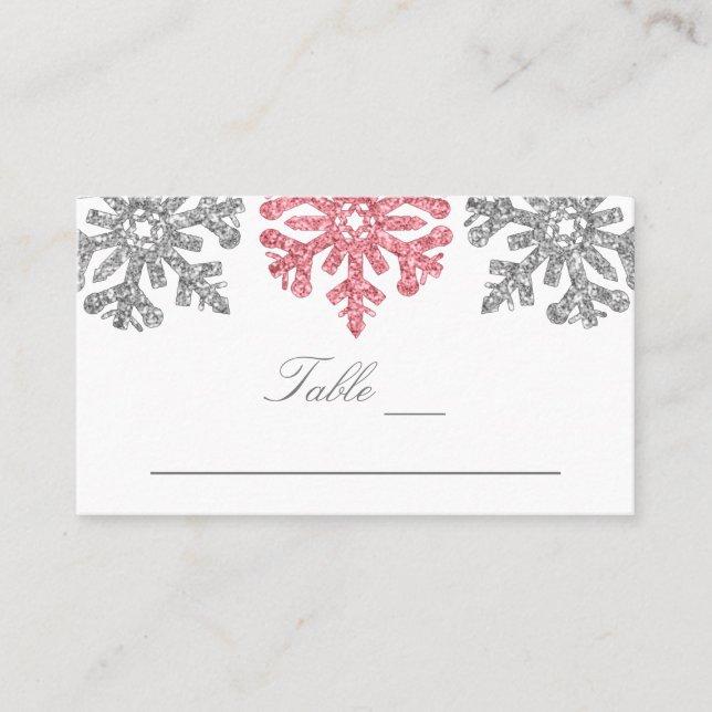 Carte De Placement Silver Pink Snowflakes Mariage d'hiver (Devant)