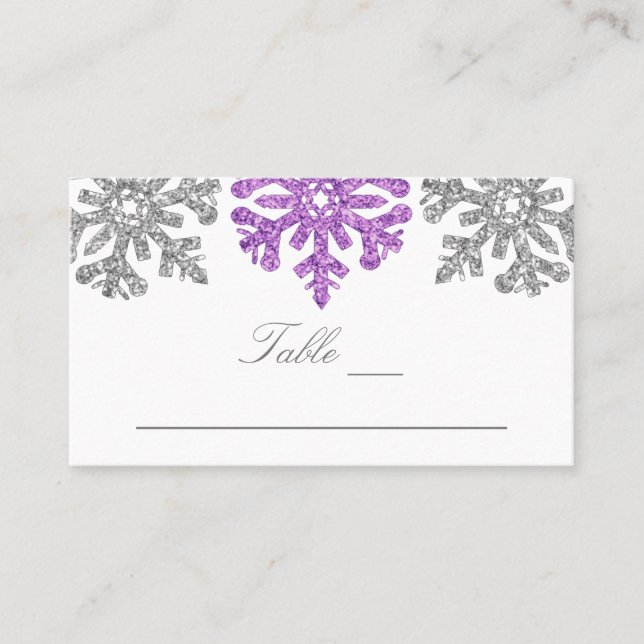 Carte De Placement Silver Purple Snowflakes Mariage hivernal (Devant)