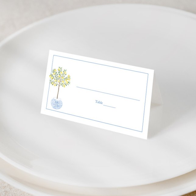 Carte De Placement Simple citronnier Bleu Bleu Blancs Baby shower (Chinoiserie wedding place cards or buffet cards featuring a lemon tree in blue ginger jar planter)