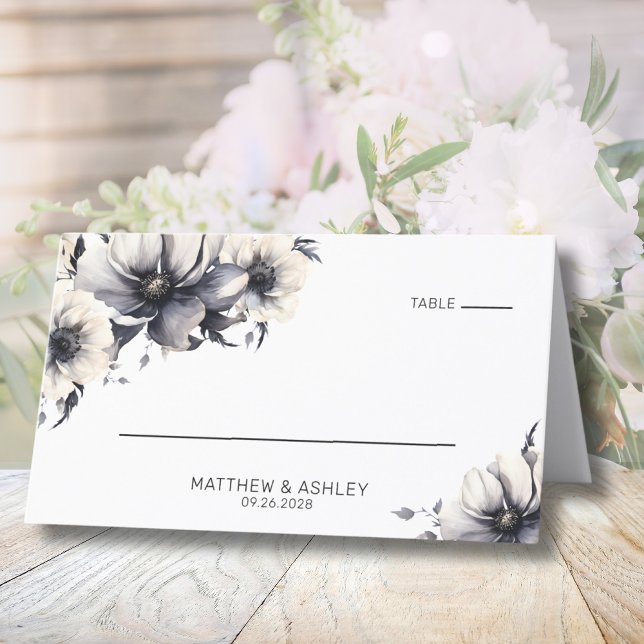 Carte De Placement Simple élégant moderne noir blanc Mariage floral (Simple Elegant Modern Floral Black White Wedding Place Card)