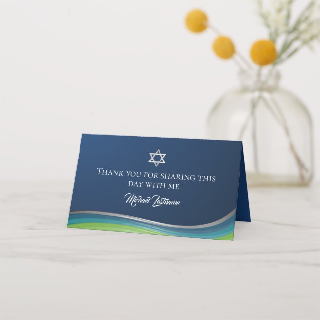 Carte De Placement Star de David Green et Blue Gradient Bar Mitzvah (Dos)